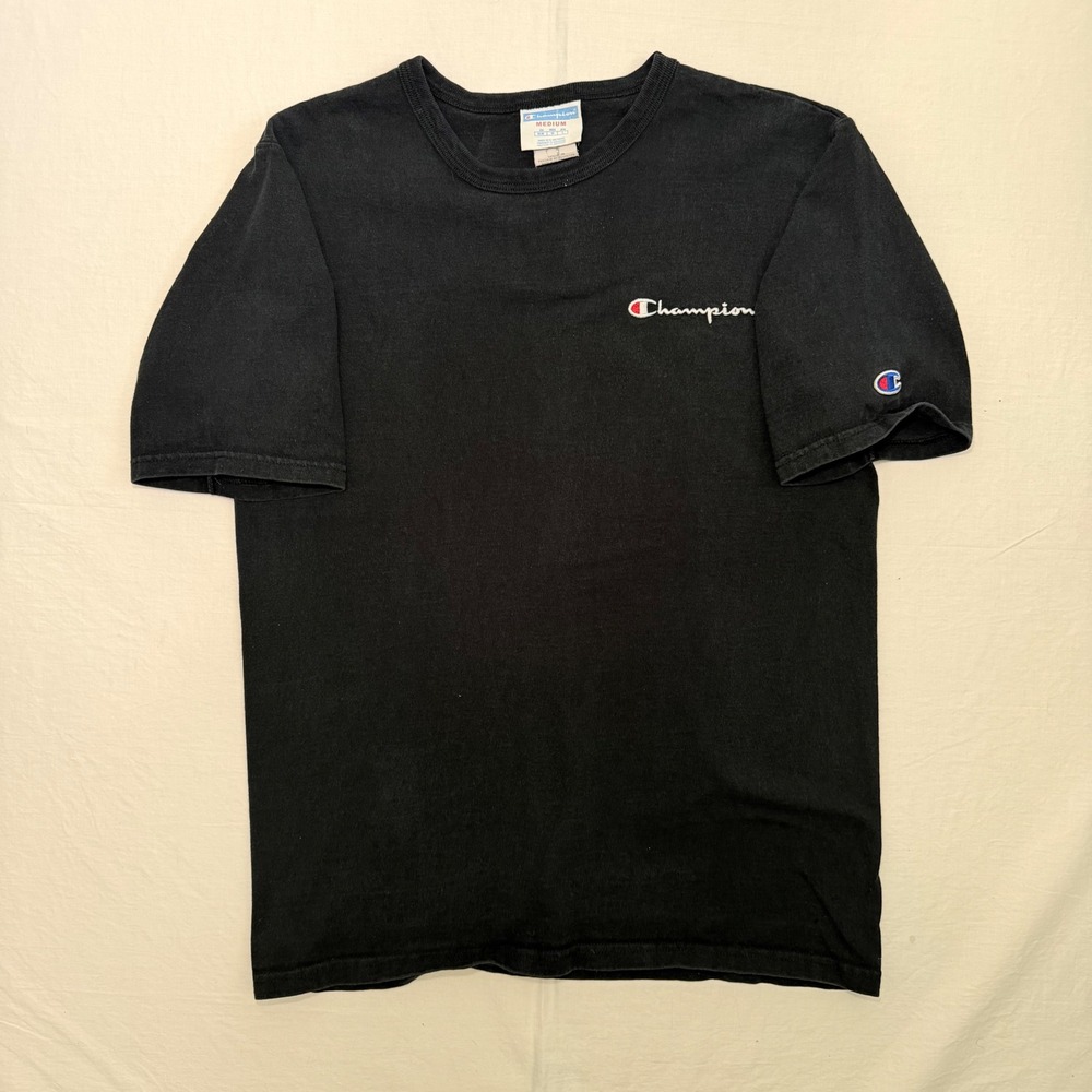 Y2K Champion Embroidered Script Logo T Shirt Mens Medium Black Cotton